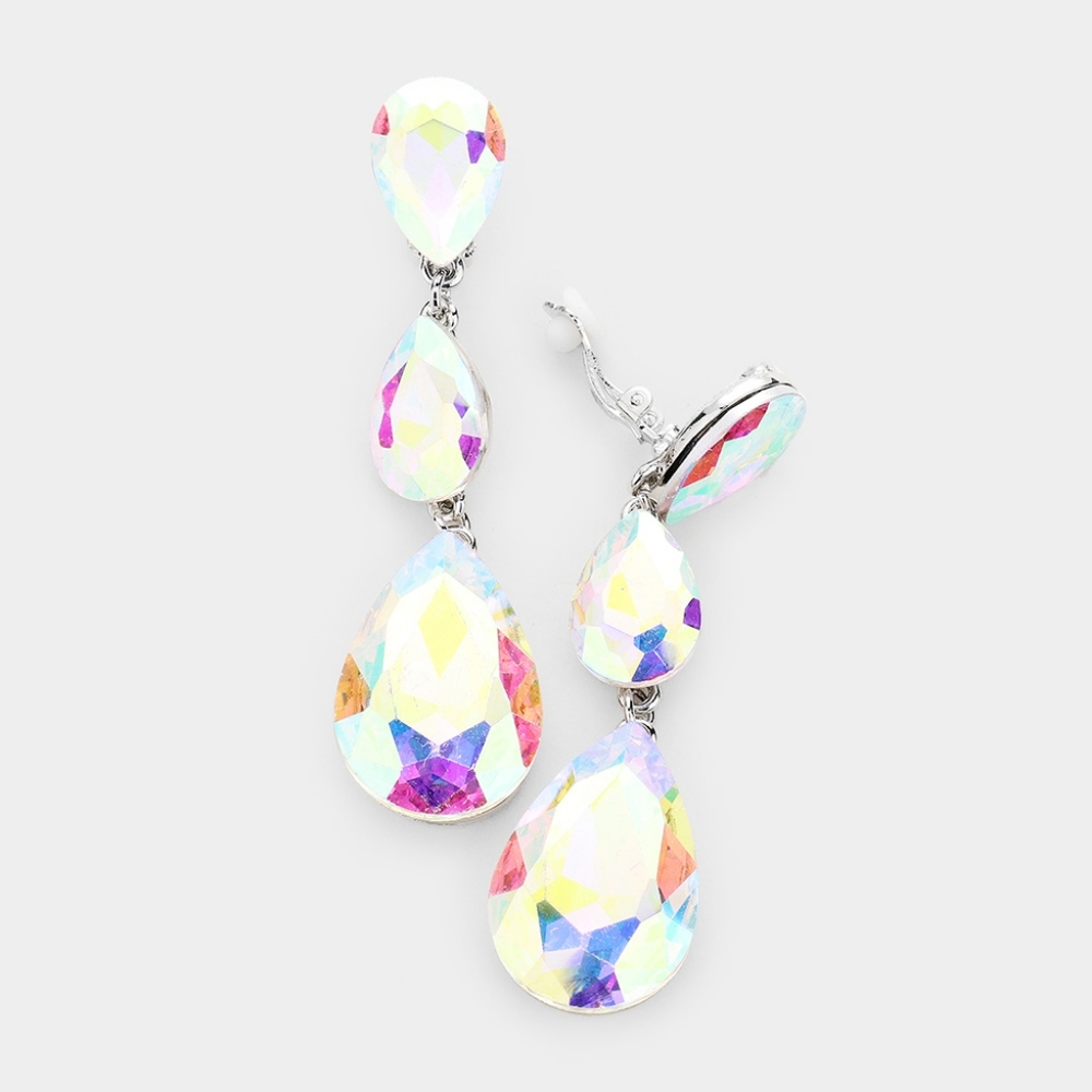 Abalone Dangle Crystal Clip On Earrings 3 Inch Triple Tear Drop ClipOns Jewelry